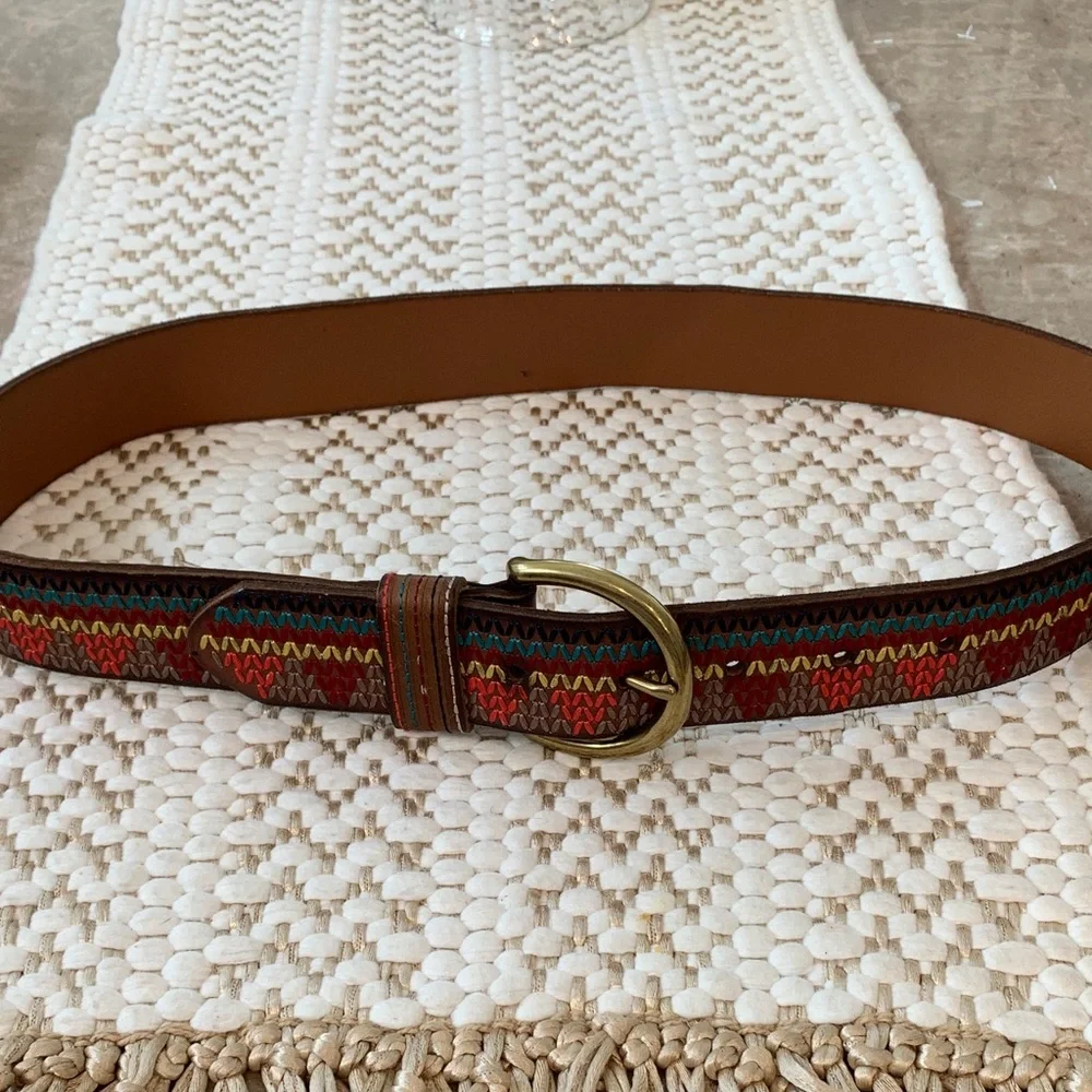 Embroidered Fossil Multicolor Leather Belt with Brass Buckle SM NWT